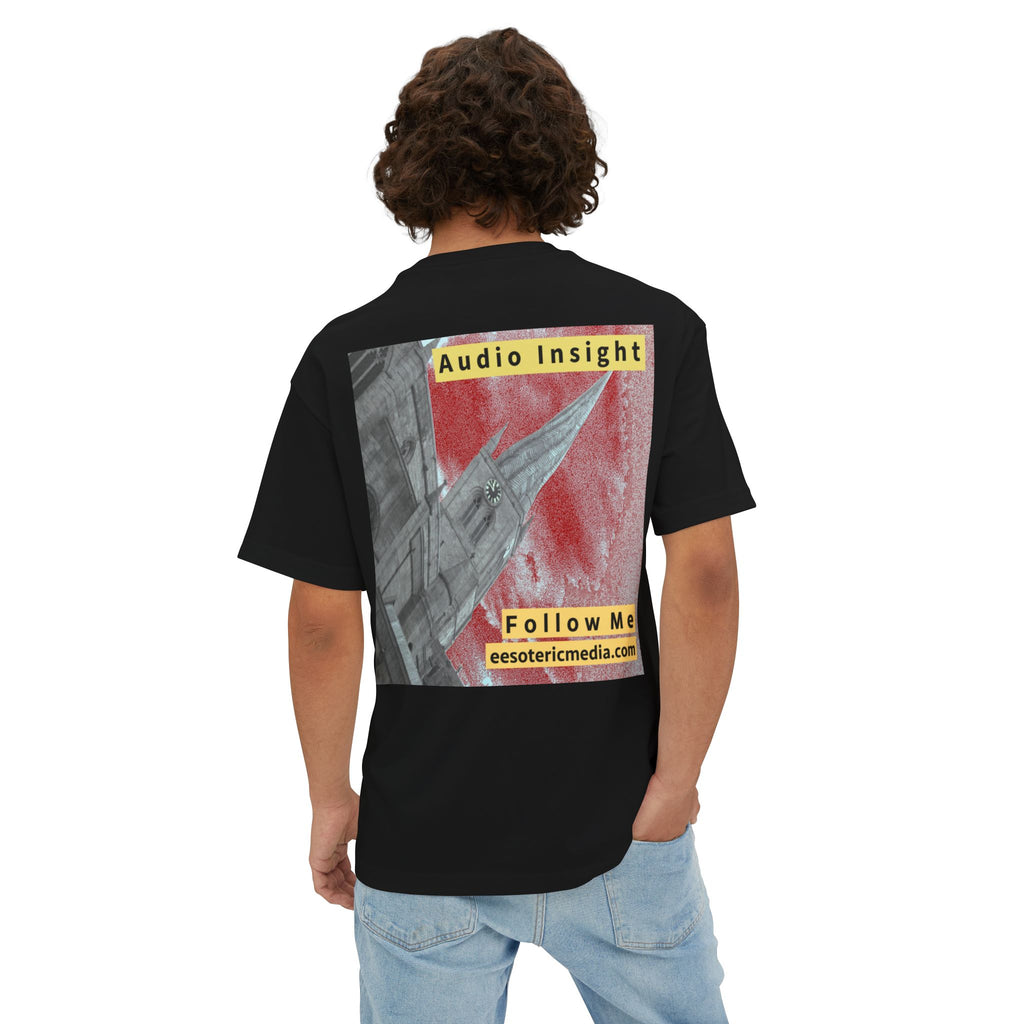 'Follow Me' (Audio Insight) Weathered Rocket-Shaped Spire Design Oversize Boxy T-Shirt