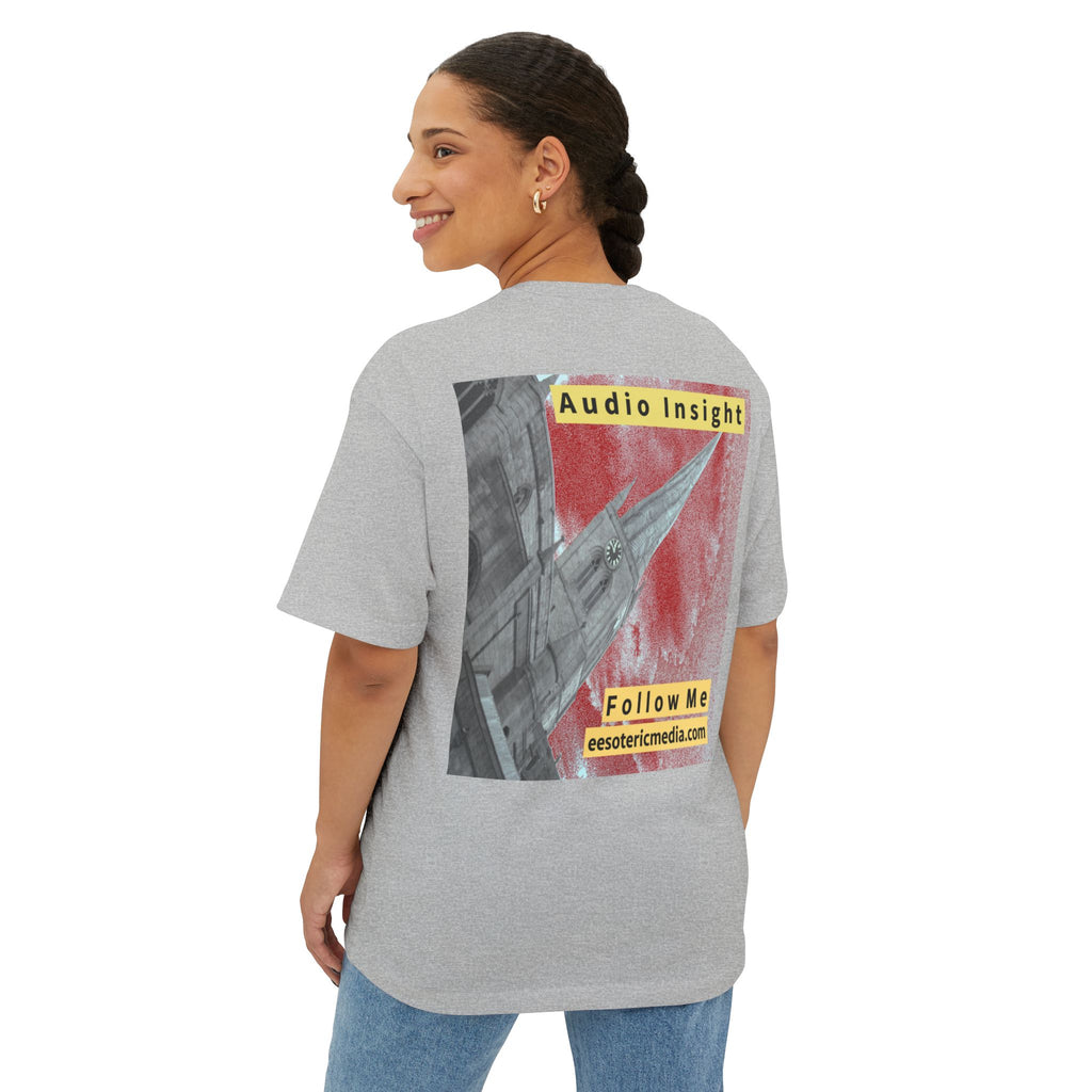 'Follow Me' (Audio Insight) Weathered Rocket-Shaped Spire Design Oversize Boxy T-Shirt